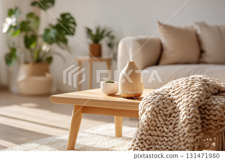 Soundscape diffuser enhances relaxation in a minimalist living room 131471980