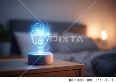 Smart device projects holographic face in modern bedroom at night Smart device projects holographic face in modern bedroom at night 131471981