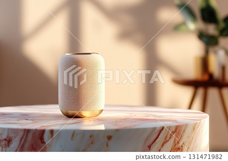 Speaker placed on a polished marble island in a bright room with warm lighting and d?cor 131471982
