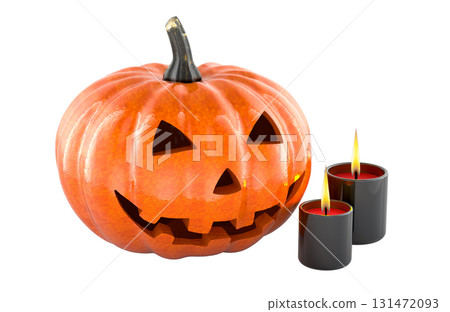 Halloween pumpkin jack-o-lantern with black burning candles. 3D rendering Halloween pumpkin jack-o-lantern with black burning candles. 3D rendering 131472093