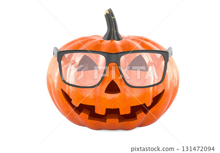Halloween pumpkin with glasses. 3D rendering Halloween pumpkin with glasses. 3D rendering 131472094