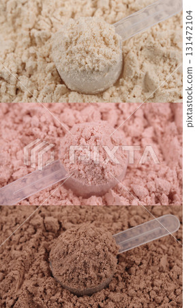 Vertical collage of three scoops with protein powder in vanilla, strawberry and chocolate flavor. Gym sports nutrition supplement set, healthy lifestyle, fitness concept. Diet. Lean protein powdered 131472104