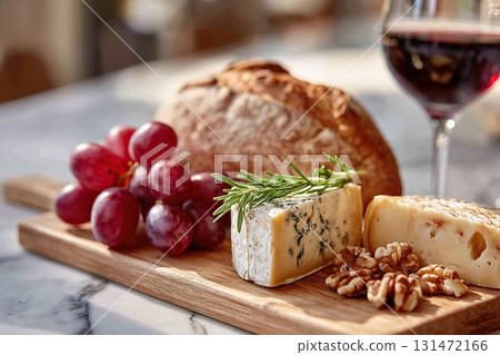 Selection of artisan cheese with bread, grapes, walnuts, and rosemary on wooden board Selection of artisan cheese with bread, grapes, walnuts, and rosemary on wooden board 131472166