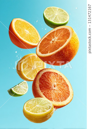 Vibrant assortment of oranges, lemons, and limes against a bright blue background Vibrant assortment of oranges, lemons, and limes against a bright blue background 131472167