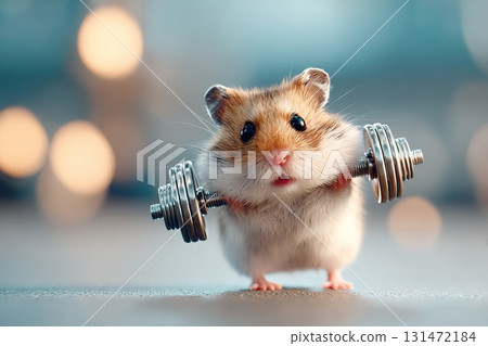 Chubby hamster lifts miniature dumbbell in playful fitness moment indoors 131472184