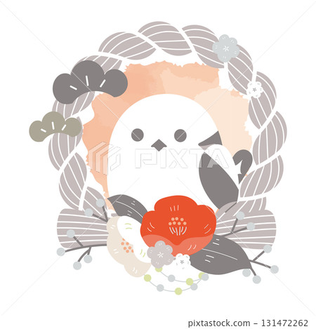 灰色注連繩、長尾山雀和山茶花環（新年裝飾） 131472262