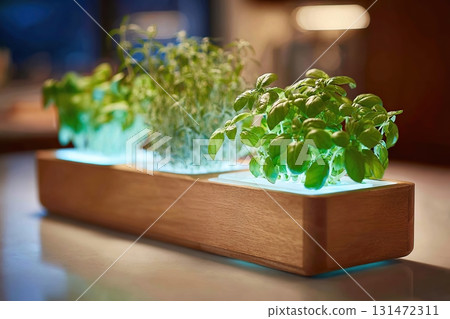 Smart herb-growing box enhances indoor kitchen gardening experience with vibrant plants 131472311