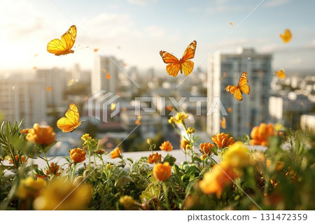 Colorful pollinator insects fluttering among vibrant flowers in an urban garden at sunset 131472359