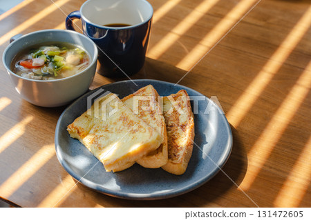 French toast, vegetable soup, and coffee breakfast set French toast, vegetable soup, and coffee breakfast set 131472605