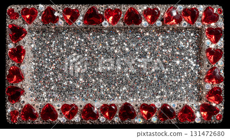 Red and transparent heart-shaped gemstones surrounding a sparkling silver glitter background 131472680
