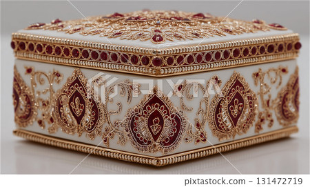A luxurious gift with gold decorations and rubies on the sides of a white box. 131472719