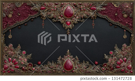 Ornate baroque frame background with ruby and gold decorations surrounding a central black space 131472728
