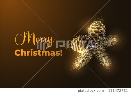 Golden pine cones and sparkling fir branches, Christmas vector illustration. Holiday greeting card 131472781