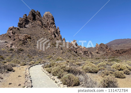 A rocky landscape with a winding path leading through dry vegetation in Roques de Garcia, volcano Teide National Park, Tenerife 131472784