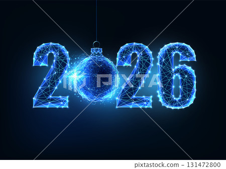 2026 with glowing Christmas ornament, digital New Year celebration concept, festive vector  131472800