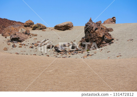 Desert landscape with rocky formations, covered with pumice in Minas de San Jose, volcano Teide National Park, Tenerife Desert landscape with rocky formations, covered with pumice in Minas de San Jose, volcano Teide National Park, Tenerife 131472812