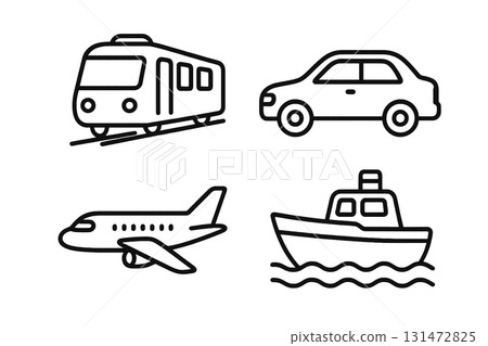 火車、汽車、飛機和船的 4 套線條畫圖示（簡單、無背景、交通、車輛材料） 131472825