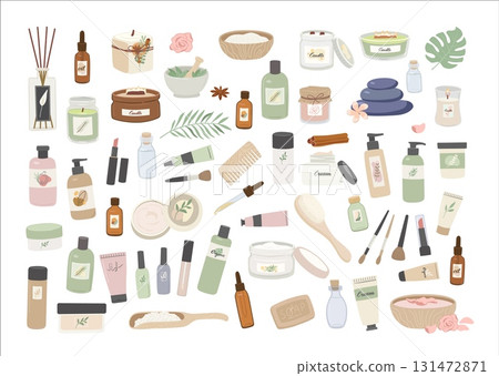 Set of natural cosmetic products, scented candles, beauty and spa accessory vector illustration. Skin and hair care goods Set of natural cosmetic products, scented candles, beauty and spa accessory vector illustration. Skin and hair care goods 131472871