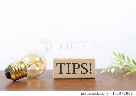 燈泡和TIPS！用字母塊表達的想法和資訊 庫存照片 131472901