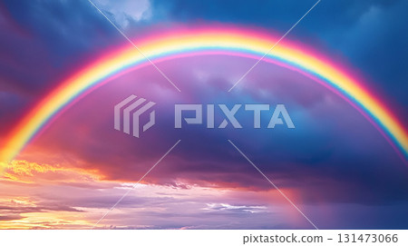 A vibrant rainbow arch across the sunset sky 131473066