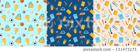 Set of seamless pattern with cartoon school stationery items. Pen, pencil, book, backpack, paint, brush, art, note, football, ball vector illustration. Education, supply store, sport background. Set of seamless pattern with cartoon school stationery items. Pen, pencil, book, backpack, paint, brush, art, note, football, ball vector illustration. Education, supply store, sport background. 131473275