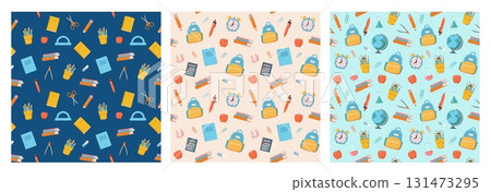 Set of seamless pattern with cartoon school items. Pen, pencil, book, globe, backpack, ruler vector illustration. Education, stationery store background, wrapping paper. Set of seamless pattern with cartoon school items. Pen, pencil, book, globe, backpack, ruler vector illustration. Education, stationery store background, wrapping paper. 131473295