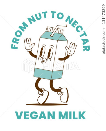 Retro cartoon vegan plant based milk character. Vintage alternatives lactose free drink 131473299