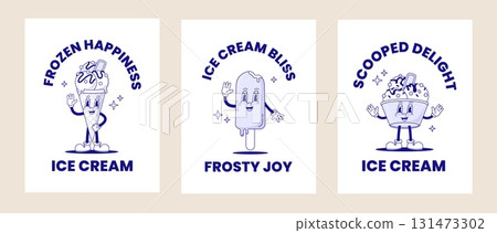 Set of retro cartoon ice cream mascot posters. Vector illustration. Fast food character. Summer cafe Set of retro cartoon ice cream mascot posters. Vector illustration. Fast food character. Summer cafe 131473302