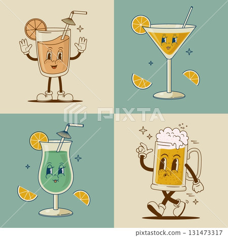 Set of retro 70s cartoon funny characters. Coctail, beer, juice, martini mascot. Vintage alcohol beverage vector illustration. Nostalgia 60s, 80s 131473317