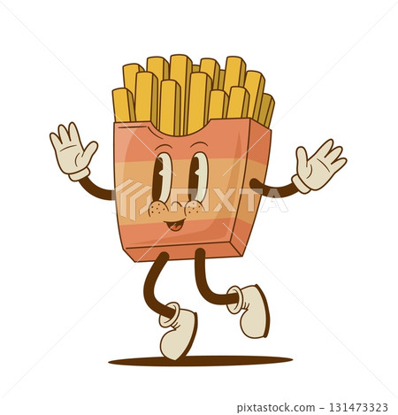 Retro cartoon happy french fries character. Vintage street food potato mascot vector illustration. Nostalgia Retro cartoon happy french fries character. Vintage street food potato mascot vector illustration. Nostalgia 131473323