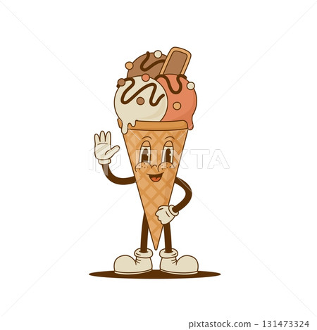 Retro cartoon Ice cream cone character. Vector illustration. Vintage sweet food mascot. Nostalgia 60s, 70s, 80s 131473324