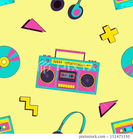 Retro 90s boombox, audio cassette, headphones, disk, geometric shapes, music seamless pattern. Nostalgia for 1990s. Vintage devices in memphis style. Retro 90s boombox, audio cassette, headphones, disk, geometric shapes, music seamless pattern. Nostalgia for 1990s. Vintage devices in memphis style. 131473330