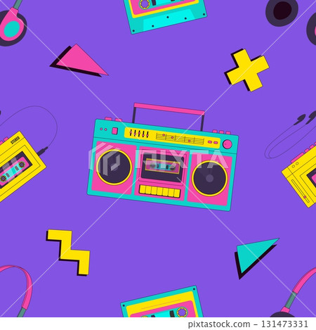 Retro boombox, audio player, cassette, headphones, geometric shapes, music seamless pattern. Nostalgia for 1990s vector illustration. Retro boombox, audio player, cassette, headphones, geometric shapes, music seamless pattern. Nostalgia for 1990s vector illustration. 131473331