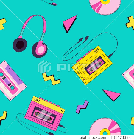 Retro 90s player, audio cassette, headphones, disk, geometric shapes, music seamless pattern. Nostalgia for 1990s. Vintage devices in memphis style Retro 90s player, audio cassette, headphones, disk, geometric shapes, music seamless pattern. Nostalgia for 1990s. Vintage devices in memphis style 131473334