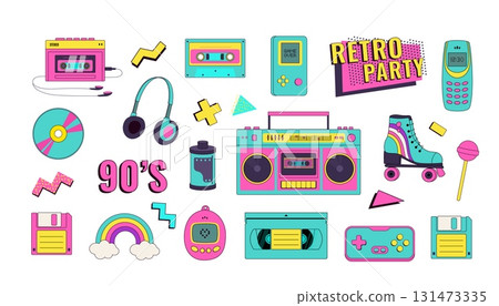 Set of 90s retro devices in modern style. Vintage audio player, cassette, floppy disk, mobile telephone, skate, game console vector illustration Set of 90s retro devices in modern style. Vintage audio player, cassette, floppy disk, mobile telephone, skate, game console vector illustration 131473335