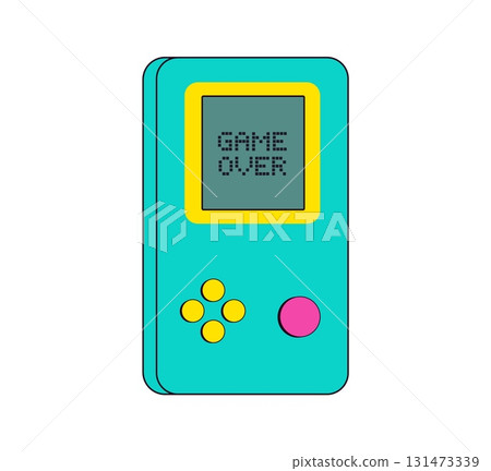 Retro console game pad in modern line style. Vintage controller 80s 90s vector illustration. Nostalgia for 1990s 131473339