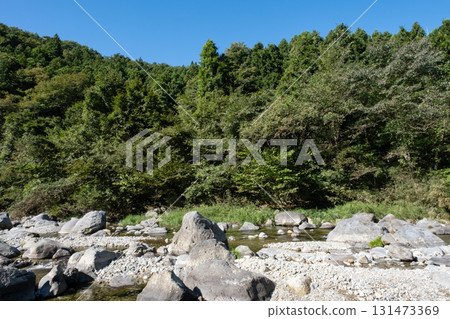 A river flowing through the blue sky and green mountains A river flowing through the blue sky and green mountains 131473369
