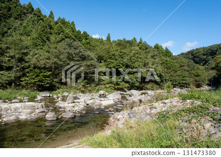 A river flowing through the blue sky and green mountains A river flowing through the blue sky and green mountains 131473380