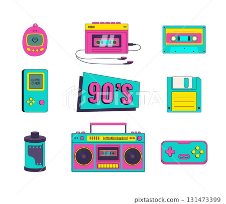 Set of retro devices in memphis style. Tape recorder, cassette, floppy disk, film, music box, game console vector illustration. Nostalgia for 90s. Set of retro devices in memphis style. Tape recorder, cassette, floppy disk, film, music box, game console vector illustration. Nostalgia for 90s. 131473399