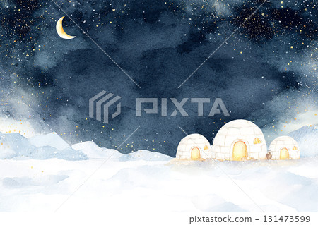 一幅美妙的冬日夜景插圖，描繪了新月和排列著冰屋的雪原 131473599