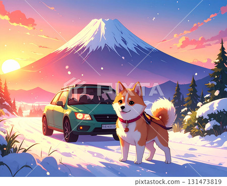 A winter travel scene where a Mameshiba dog watches Mount Fuji and the first sunrise of the year in the snowy mountains | An inspiring driving scene for 2026 131473819