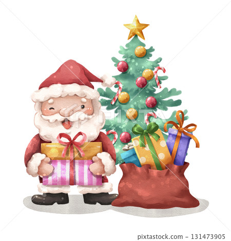Watercolor cartoon illustration of santa claus and christmas scenes with gifts box and a festive tree . Hand drawn digital painting . Isolate white background . 131473905