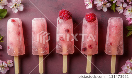 Homemade ice cream popsicles cherry and cherry blossoms in the background ,vegan raspberry coconut milk, yogurt, milk seasonal berries fruits ice cream 131473931