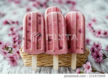 Homemade ice cream popsicles cherry and cherry blossoms in the background ,vegan raspberry coconut milk, yogurt, milk seasonal berries fruits ice cream 131473940