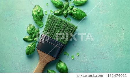 Creative flat lay with fluffy blue makeup brush and blooming green leaf on light blue background. 3D rendering. Feminine beauty concept. 131474011