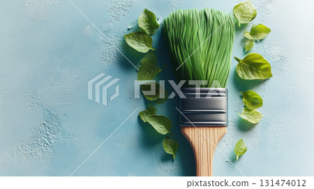 Creative flat lay with fluffy blue makeup brush and blooming green leaf on light blue background. 3D rendering. Feminine beauty concept. Creative flat lay with fluffy blue makeup brush and blooming green leaf on light blue background. 3D rendering. Feminine beauty concept. 131474012