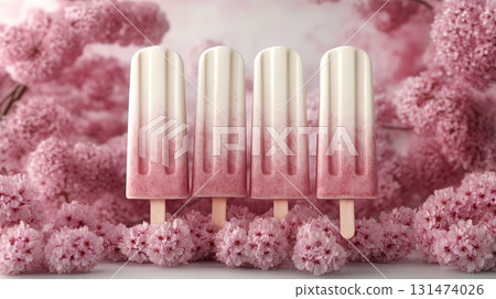 Homemade milk ice cream popsicles cherry and cherry blossoms in the background ,vegan raspberry coconut milk, yogurt, milk seasonal berries fruits ice cream 131474026