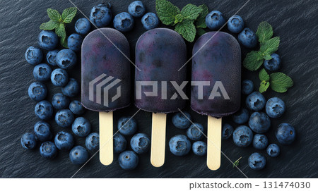 Blue berry ice cream popsicles decorated with whipped cream, herbs, and frozen fruit on dark textured surface. Creative and vibrant summer dessert display. 131474030