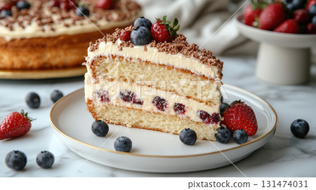Layered honey cake slice with berries on white plate decorated with whipped cream fresh berries. 131474031