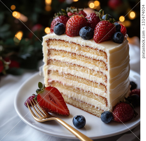 Layered honey cake slice with berries on white plate decorated with whipped cream fresh berries. Layered honey cake slice with berries on white plate decorated with whipped cream fresh berries. 131474034